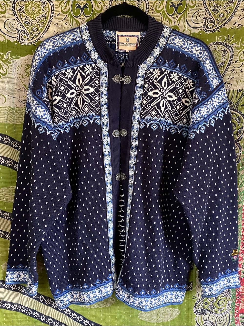 Vintage Dale of Norway Navy Cotton Fairisle Snowflake Cardigan Large Lagenlook